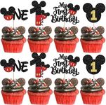 Rsstarxi 24 Pack My 1st Birthday Mouse Inspired Cupcake Toppers, Black and Red Mini One Cupcake Picks Decorations for Baby Shower Kids First Birthday Party Cake Decorations