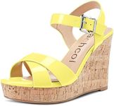 Aachcol Women Cork Wedge Sandals Slingback Ankle Strap Platform Open Toe High Heel Chunky Block Dress Shoes 4 Inch, Yellow 2 Patent, 5