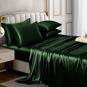 Horbaunal 6 Piece Satin Sheet Set Full Size Luxury Silky & Soft Emerald Green Satin Full Bed Sheet Set with 16" Deep Pocket, 1 Fitted Sheet, 1 Flat Sheet, 4 Pillowcases