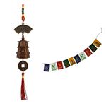 KAAJ Bell Car Interior Decoration Mirror Hanging, Car Decoration Accessories & Tibetan Flag, Prayer Flags Combo Set of 2 (Car Mirror Hanging + Tibetab Flag)