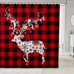 Rustic Lodge Cabin Waterproof Shower Curtains,Christmas Elk Animal Shower Curtain,Red Black Grid Checked Novelty Snowflake Floral Modern Bathroom Accessories,Machine Washable,72" X 78"