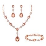 Clearine Bridal Wedding Jewellery Set Gorgeous Teardrop Crystal Statement Y-Necklace Dangle Earrings Tennis Bracelet Set for Women Champagne Rose Gold-Tone