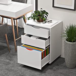 WOOD WORTH 3 Drawers Storage Cabinet, Wooden Mobile Filing Cabinet for Mini Printer Stand, with Lockable Casters, for Home Office (3-Drawers, White)