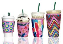 Baxendale Iced Coffee Sleeve for Cold Drink Cups - 4 Pack Neoprene Iced Coffee Sleeve Cup Sleeves for Cold Drinks, Reusable Compatible with Starbucks Dunkin, 4mm-Thick (4 PK XS/S/M/L, Pink Summer)