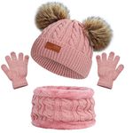 beifon Kids Winter Warm Beanie Hat Scarf Gloves Set Thermal Knit Crochet Thick Fluffy Toddler Scarf Double Pom Pom Bobble Hat with Faux Fur for Girls Boys Children Toddler Aged 3-8