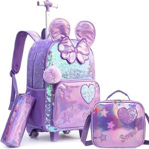 Meetbelify Rolling Backpack for Girls School Backpack with Lunch Box for Elementary Student Wheels Roller Trolley Luggage, 05 3pcs Big Ear Purple, Modern