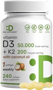 DEAL SUPPLEMENT Vitamin D3 50,000 IU + K2 MK7 200 mcg,240 Softgels | Virgin Coconut Oil, Max Strength Vitamin D & K, Promotes Heart, Bone, & Teeth Health – One Softgel Weekly, Easy to Swallow