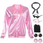 1950s Pink Satin Jacket 8PCS Polka Dot Scarf Headband Party Cosplay Costume Disco Outfit Women Set (Pink, S)