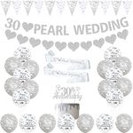 JOYMEMO 30th Pearl Wedding Anniversary Decorations 30th Silver Anniversary Balloons Banner Heart Rings Cake Topper Satin Sash for 30th Couple Pearl Wedding Anniversary Party Supplies