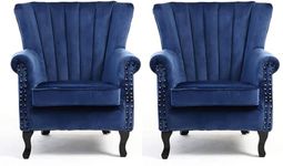 FESTIVAL BAZAR Wing Back Chair in Back Rest Sturdy Lounge Accent Chair Models (Set of 2) (Dark Blue)