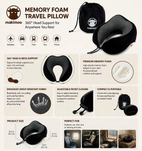 Makimoo Memory Foam Travel Neck Pillow – 360° Support, Black with Bag