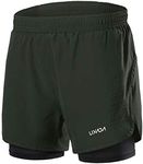 LIXADA Men's 2-in-1 Running Shorts Quick Drying Breathable Active Training Exercise Jogging Cycling Shorts (Dark Green, L)