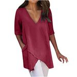 Ekiregaii Summer Tops for Women UK Cotton Linen Plain Longline Shirt Half Sleeve V Neck T Shirt with Pockets Split Front Shirt Undershirt Womens Blouse Plus Size Beach Home Casual Tee