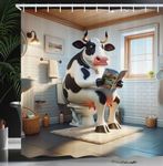 Ambesonne Funny Shower Curtain, Huge Cow Sitting on a Toilet with a Newspaper Whimsical Bathroom Scene, Cloth Fabric Bathroom Decor Set with Hooks, 69" W x 70" L, Pale Brown Grey Coconut