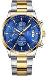 CARNAER Men's Chronograph Quartz Watches, Dual Tone Silver Gold Stainless Steel Band Watch for Men Date, Luminous Hand, Watches for Men with Gold Case and Blue Dial