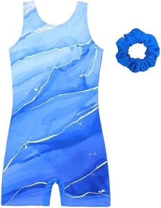 MODAFANS Leotards for Girls Gymnastics with Shorts Dance Unitards Tumbling Biketards with Hair Scrunchie 10-11Years,Blue Marble