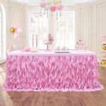 Leegleri Mermaid Pink Curly Willow Tulle Ruffle Table Skirt for Baby Shower,Birthday Party,Wedding,Tutu Table Cover Cloth for Rectangle Table (L 14(ft)*H 30in)