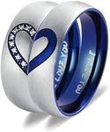 Promise Rings for Couples, His and Hers Wedding Ring Sets I Love You Engraved Matching Heart Blue Stainless Steel Ring 6MM (1PC ONLY), Men Ring Size 10, Non-Precious Metal, no zirconia