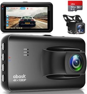 abask Dash Cam Auto, Doppia 4K+1080P Telecamera Auto con Scheda SD 32G, Dashcam Schermo Integrato 3'', Retromarcia Assistita, Visione Notturna, Monitor di Parcheggio, G-Sensor, Registrazione in Loop