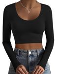 Ekouaer Long Sleeve Crop Tops for Women Scroop Neck Y2K Basic Lightweight T Shirts Tight Fitted Tee Black XL