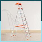 Houza 7 Step Foldable Aluminium Ladder for Home with Tool Tray | Ladder with Anti-Slip Shoes | Slip Prevention Steps | Durable, Heavy Duty, Safe, and Stylish | Made in India (Orange)