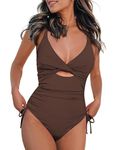 Bsubseach Women's One Piece Bathing Suit Cut Out High Waisted Swimsuits Ruched Scoop Neck Monokini Swimwear Brown M