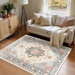 INOVADAY Machine Washable Rugs 120x180 cm Vintage Area Rug Low Pile Anti-Slip Carpet with Print Pattern for Living Room Bedroom Home Office Indoor Beige/Blue/Orange