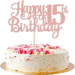 ZHUOWEISM 1 PCS Happy 15th Birthday Cake Topper Glitter Teenager 15 Fifteen Cheers to 15 Years Cake Pick for Funny Happy 15th Birthday Party Cake Decorations Supplies Rose Gold