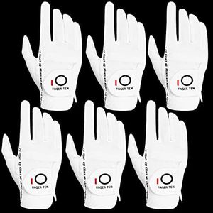 FINGER TEN Golf Gloves Men Right Left Handed Golfer Mens Glove RainGrip Hot Wet Weather Value 6 Pack, All Weather in White Medium (White, Medium, Right)