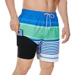 Men’s Swim Trunks with Compression Liner 2 in 1 Quick Dry Men Swim Shorts Bathing Suit with Pockets Blue Green Stripes XL