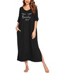 Ekouaer Long Nightgown for Women Short Sleeve Sleepwear Plus Size Loungewear with Pockets Black Eyelash XXL