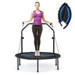 GYMAX 40" Mini Fitness Trampoline, Foldable Exercise Rebounder with 2 Resistance Bands and 4-level Adjustable Foam Handrail, Indoor/Outdoor Gym Trampolines for Kids Adults (Blue+Black)