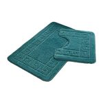 FAIRWAYUK Bathroom Mats Sets 2 Pieces, Ultra Plush Greek Pattern Bath Toilet Mat Anti Slip Pedestal Set, Extra Absorbent 100% Polypropylene Rug, Bathroom Accessory (Dark Teal)