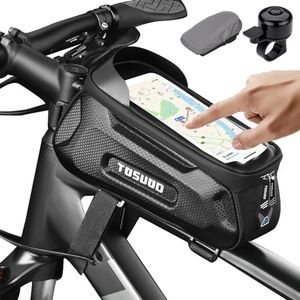 Bike Phone Holder Bike Frame Bag Bike Phone Holder Bag Touchscreen Bike Bag Phone Mount Bag Bike Cell Phone Bag for Men Compatible Phone Under 7.2''(Included Bicycle bag rainproof cloth & bike bell）