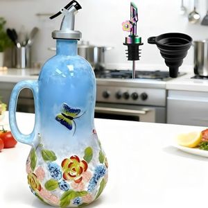 18 oz Hand-Painted Ceramic Relief Olive Oil Bottle Dispenser, with Handle Decorative Olive Oil Dispenser Bottle, Kitchen Ceramic Oil Vinegar Bottle Seasoning Bottle with Stainless Steel Spout & Funnel