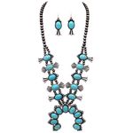 Rosemarie & Jubalee Women's Cowgirl Chic Western Style Natural Semi Precious Howlite Stone Squash Blossom Necklace And Earrings Statement Set, 27"+3" Extension, Metal Stone, Howlite