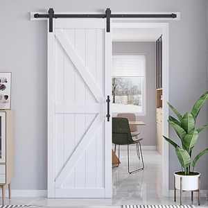 ROYMELO 32x84 Inch White Sliding Barn Door Slab and 5.5ft Hardware Kit Included, MDF Wood Panel Covered with Water-Proof Scratch-Proof PVC Surface, Easy to Clean, Simple DIY Assembly