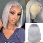 Grey Bob Wigs Human Hair 13x4 Lace Frontal 10Inch 180% Brazilian Virgin Hair Pre Plucked with Baby Hair for Women Glueless HD Transparent Blunt Cut Silky Straight Bleached Knots Gray Bob Wig