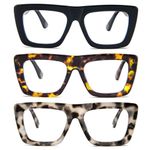 MMOWW 3 Pack Oversized Reading Glasses Square Frame for Women Men, Blue Light Blocking Computer Readers with Spring Hinges Eyeglasses +1.5