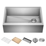 KRAUS Kore Workstation 30-inch Farmhouse Flat Apron Front 16 Gauge Single Bowl Stainless Steel Kitchen Sink with Integrated Ledge and Accessories (Pack of 5), KWF410-30