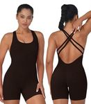 Sunzel Women's Backless Romper, Scrunch Butt Shorts Seamless Jumpsuits Bodycon, Workout Unitard Bodysuit built in Bra 5" Brown Medium