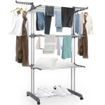 BQKOZFIN Clothes Drying Rack Stand 4-Tier, Foldable Laundry Drying Rack, Adjustable Large Stainless Steel Rolling Clothes Horses Dryer Rack with 4 castors, Gray