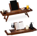 Navaris Bed and Bath Tray - Wooden Rack with Folding Legs - Bamboo Bathtub Caddy Bridge Shelf with Book or Tablet Stand - Brown