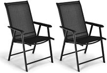 Giantex Set of 2 Patio Folding Chairs, Outdoor Chairs with Armrest, Portable Dining Chairs for Porch Camping Pool Beach Deck Lawn Garden, 2-Pack Patio Sling Chairs, Metal Frame, Black