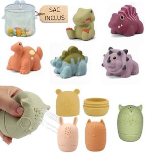AquaBambin Lot De 9 Jouets De Bain Bébé en Silicone sans BPA, Éco-Friendly avec Animaux Et Dinosaures À PulvéRiser, Filet Rangement, Jouet de Bain pour Bebe de 6 Mois 1 2 3 Ans
