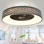 DLLT Dimmable Ceiling Fan with Lights, 30W Flush Mount Ceiling Fan with Remote, Low Profile Fandelier with 7 Invisible Blades for Dining Room, Bedroom, Living Room, 3-Color Changing, Fabric Lampshade