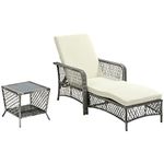 Outsunny 2 Pieces Wicker Patio Lounge Set w/Cushions, Outdoor PE Rattan Sun Lounger Sets w/ 5-Level Reclining Chaise Chair & Two-tier Glass Top Coffee Table, Cream White