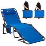 KingCamp Adjustable 5-Position Folding Chaise Lounge Chair for Outside Patio Beach Sunbathing Tanning Pool, Portable Lay Flat Lounge Chair Camping Reclining Chair for Outdoor with Pillow, Blue