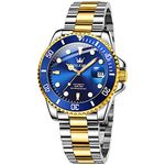 OLEVS Mechanical Watches Men Two Tone Stainless Steel Band Self Winding Mens Watches Big Face Blue Rotating Bezel Waterproof Automatic Watches for Men Luminous with Date Dress Watches for Men