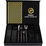 BonZeaL 24 Pieces Black Cutlery Set for 6 Person Mirror Finish Stainless Steel Premium Flatware Set House Warming Gifts for New Home Cutlery Set for Hotel Cafe Bar Restaurant Wedding Ceremony